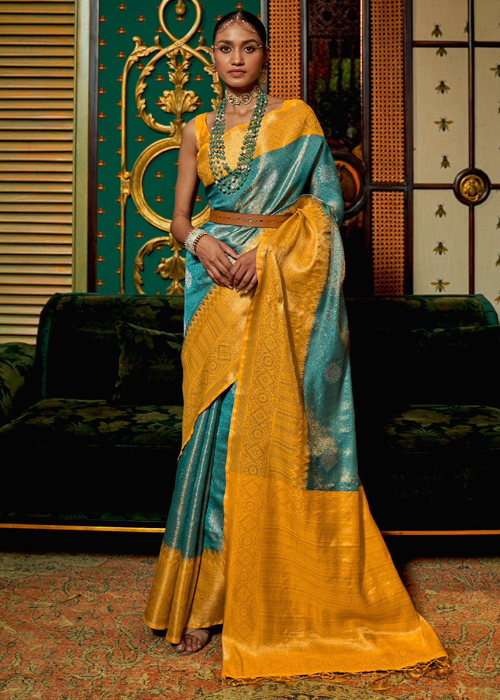 Stunning Butterscotch Yellow and Blue Kanjivaram Silk Saree with Intricate Zari Weaving