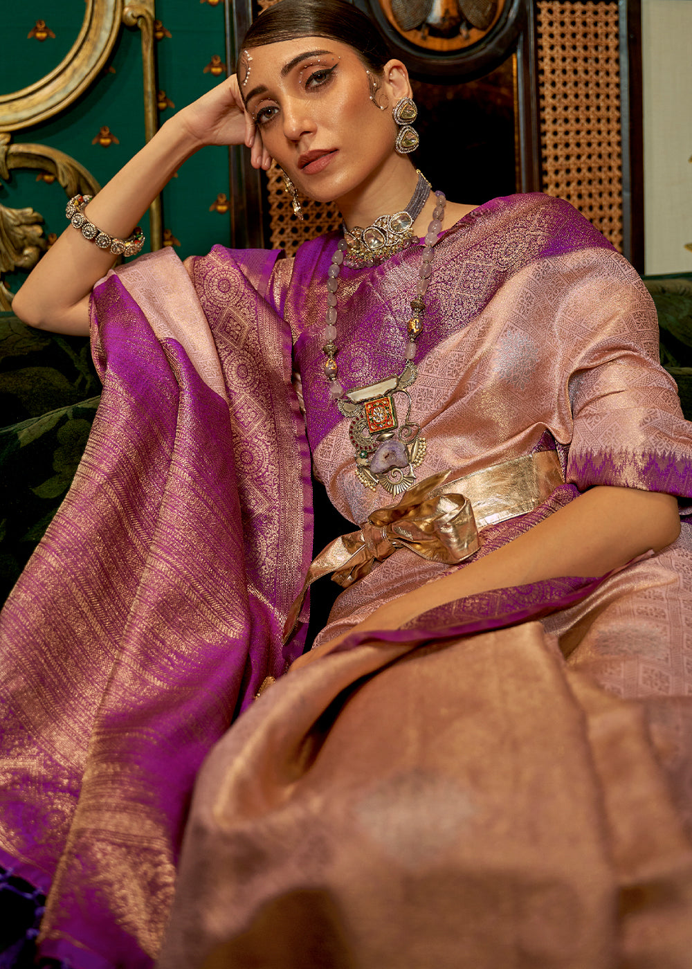 Elegant Purple and Gold Kanjivaram Silk Saree with Zari Weaving