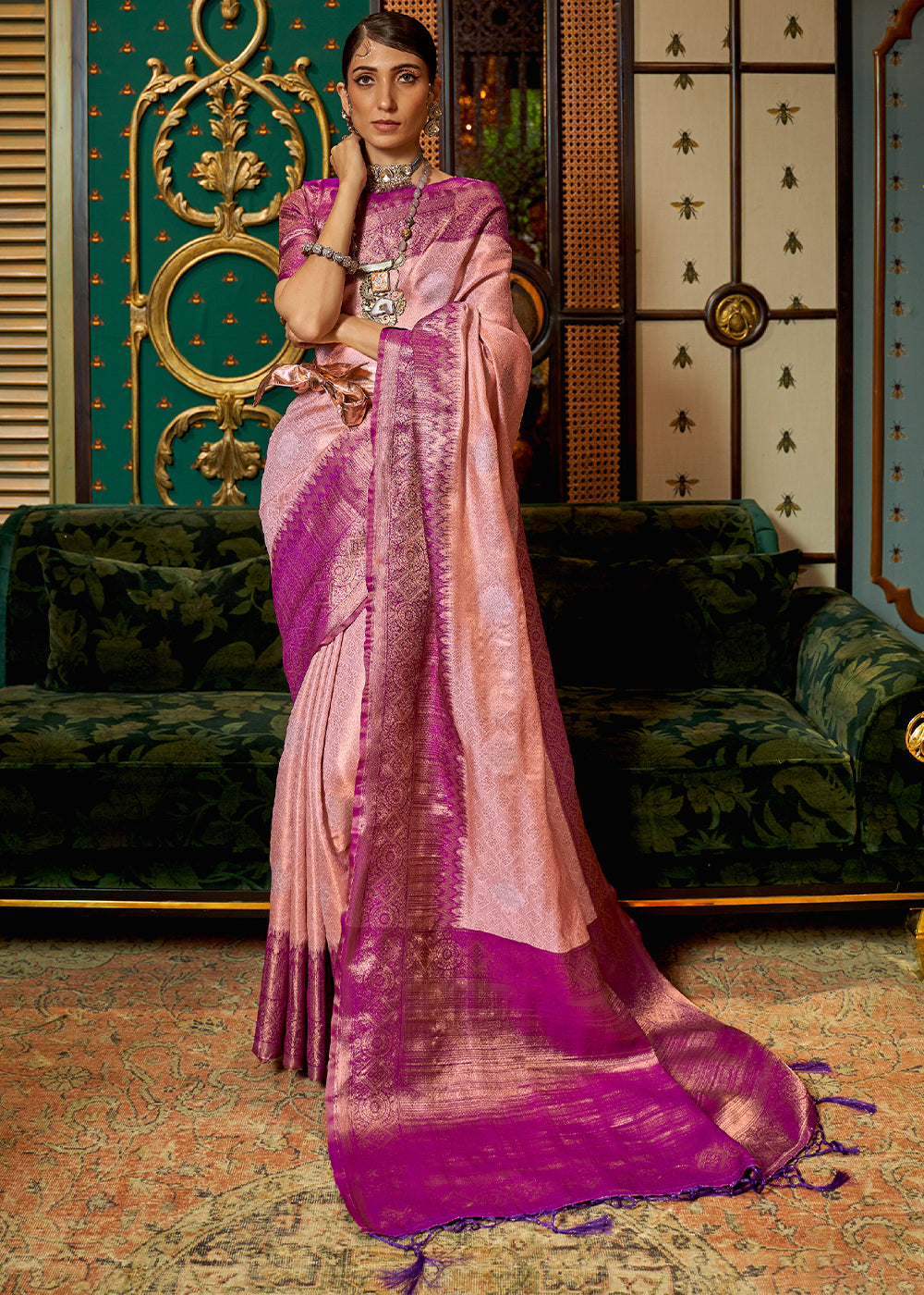 Elegant Purple and Gold Kanjivaram Silk Saree with Zari Weaving