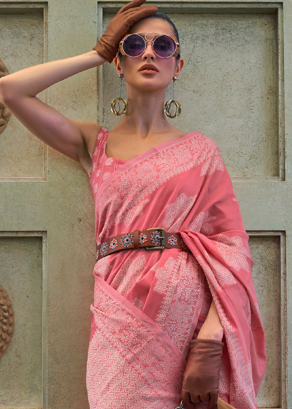 Graceful Light Pink Lucknowi Chikankari Saree with Traditional Weaving"