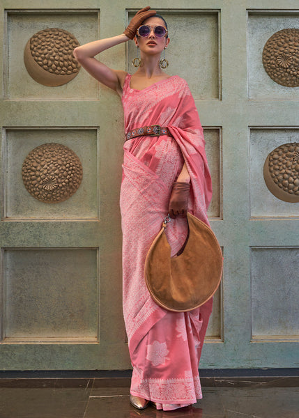 Graceful Light Pink Lucknowi Chikankari Saree with Traditional Weaving
