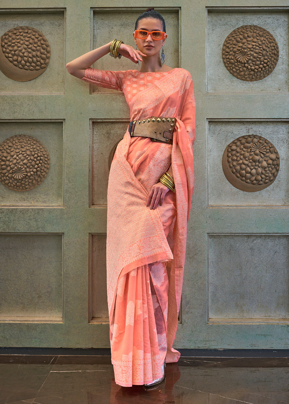 Elegant Peach Lucknowi Chikankari Silk Saree - A Delicate Beauty