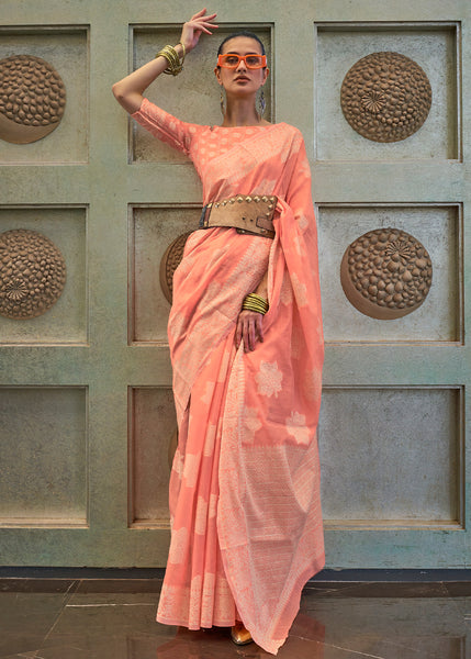 Elegant Peach Lucknowi Chikankari Silk Saree - A Delicate Beauty