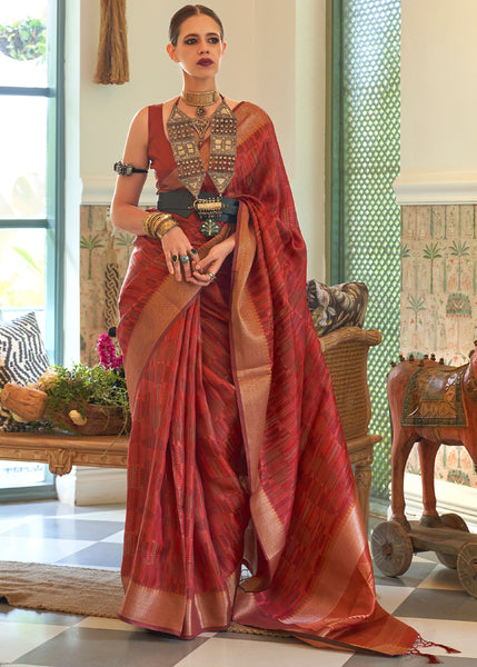 Elegant Brick Red Organza Saree for a Timeless Look
