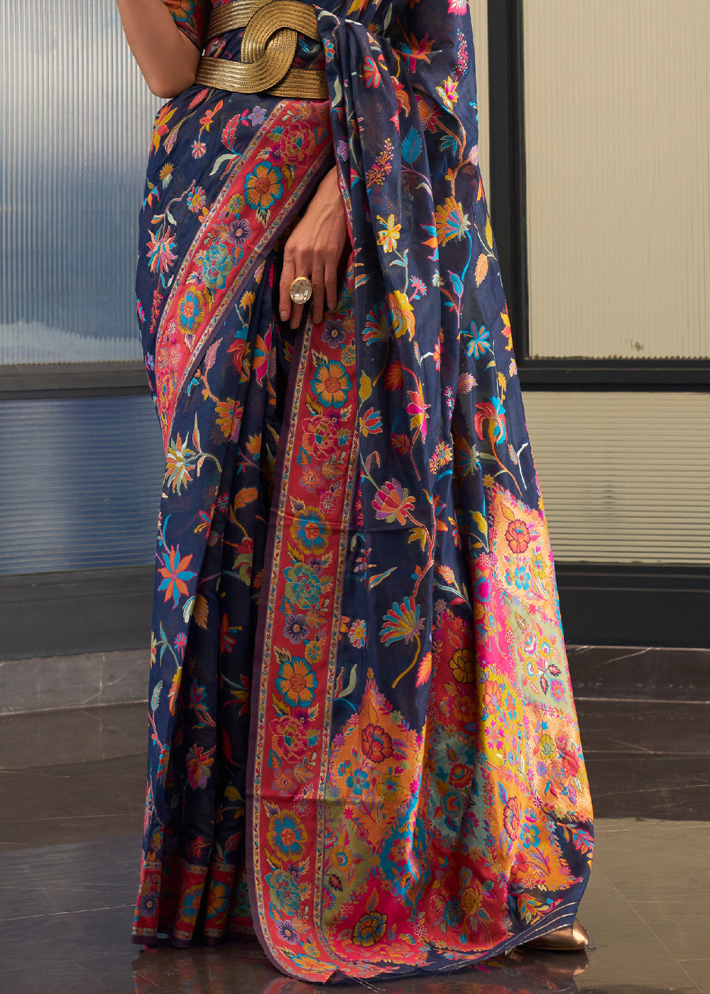 Midnight Charm: Blue Digital Print Kashmiri Cotton Saree