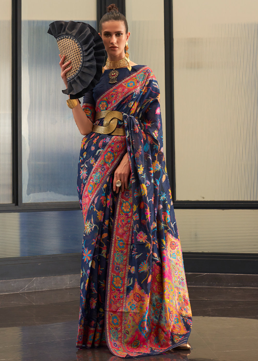 Midnight Charm: Blue Digital Print Kashmiri Cotton Saree