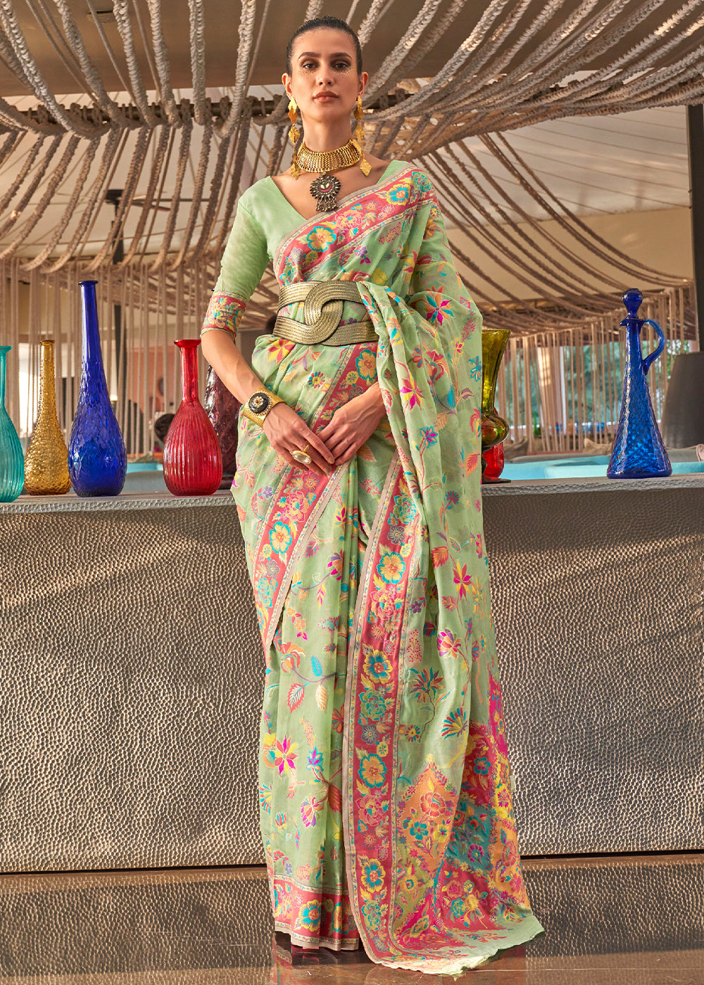 Pistachio Green Paradise: Digital Printed Kashmiri Cotton Saree