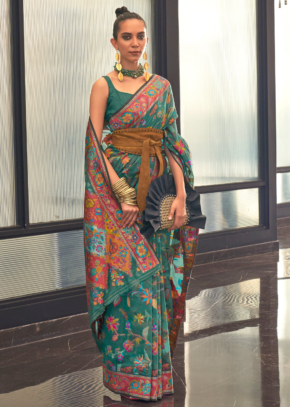 Enchanting Multicolor Digital Print Kashmiri Cotton Saree