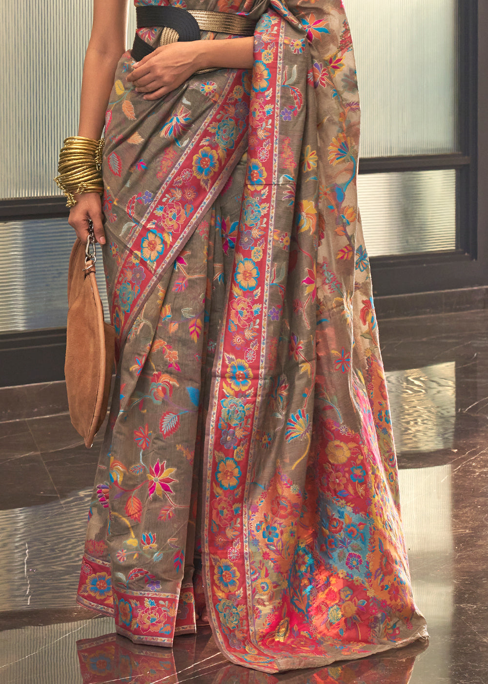 Bohemian Brown Multi Digital Print Kashmiri Cotton Saree