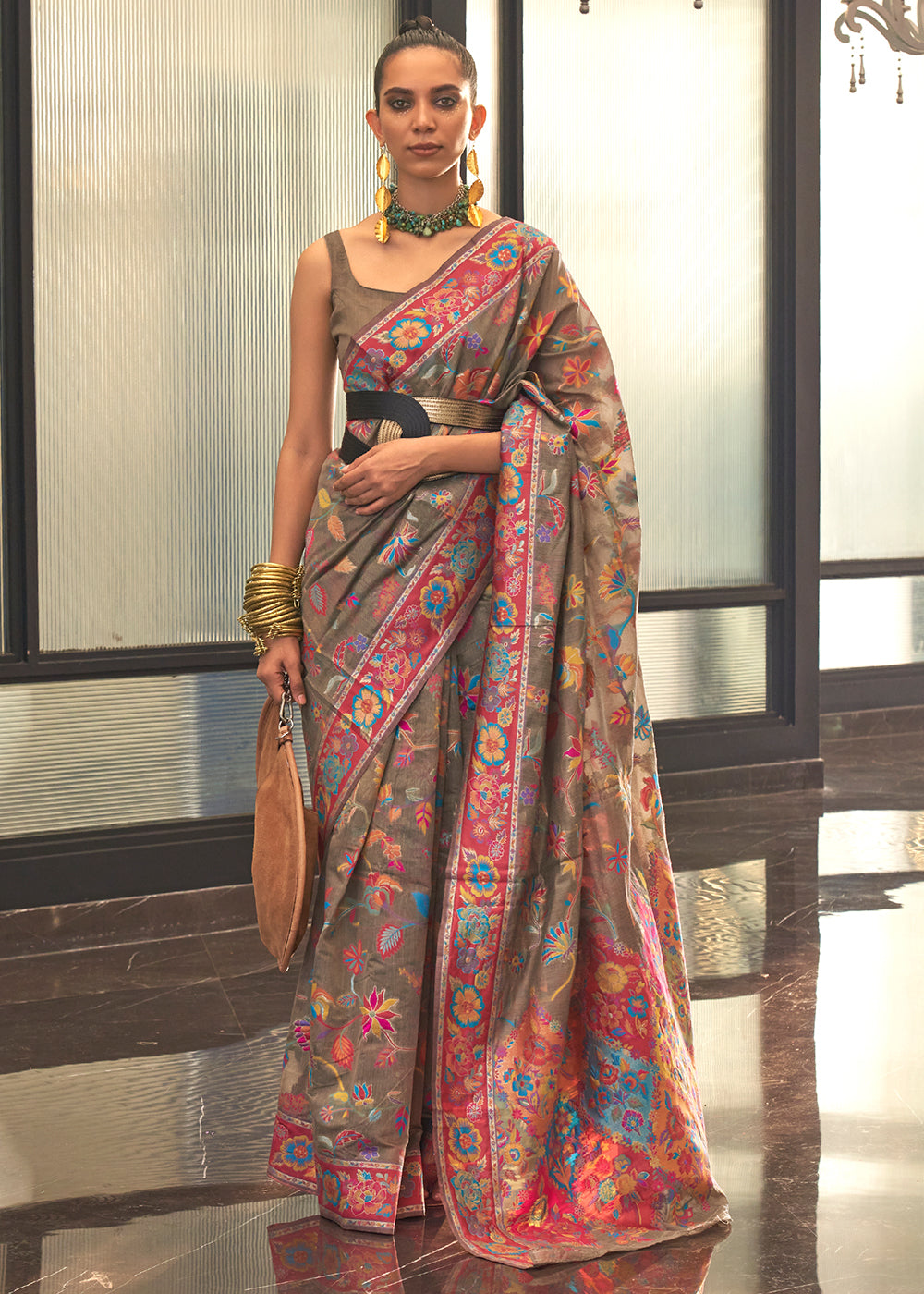 Bohemian Brown Multi Digital Print Kashmiri Cotton Saree