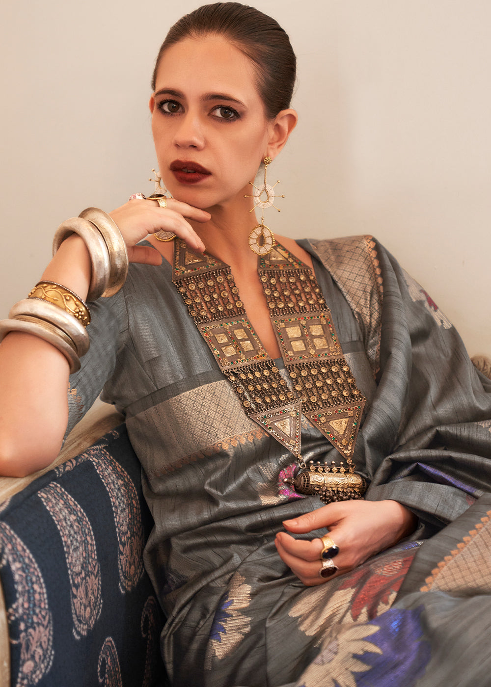 Timeless Elegance: Handwoven Fossil Grey Banarasi Silk Saree