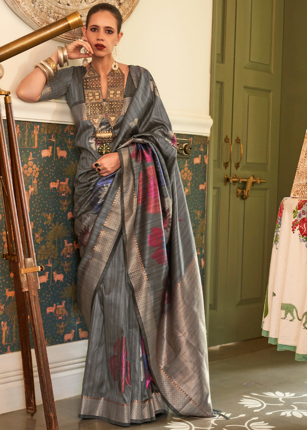 Timeless Elegance: Handwoven Fossil Grey Banarasi Silk Saree