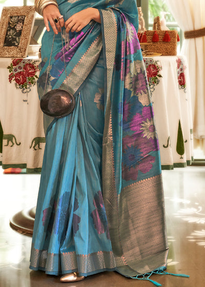 Enchanting Turquoise: Handwoven Banarasi Silk Saree in Blue