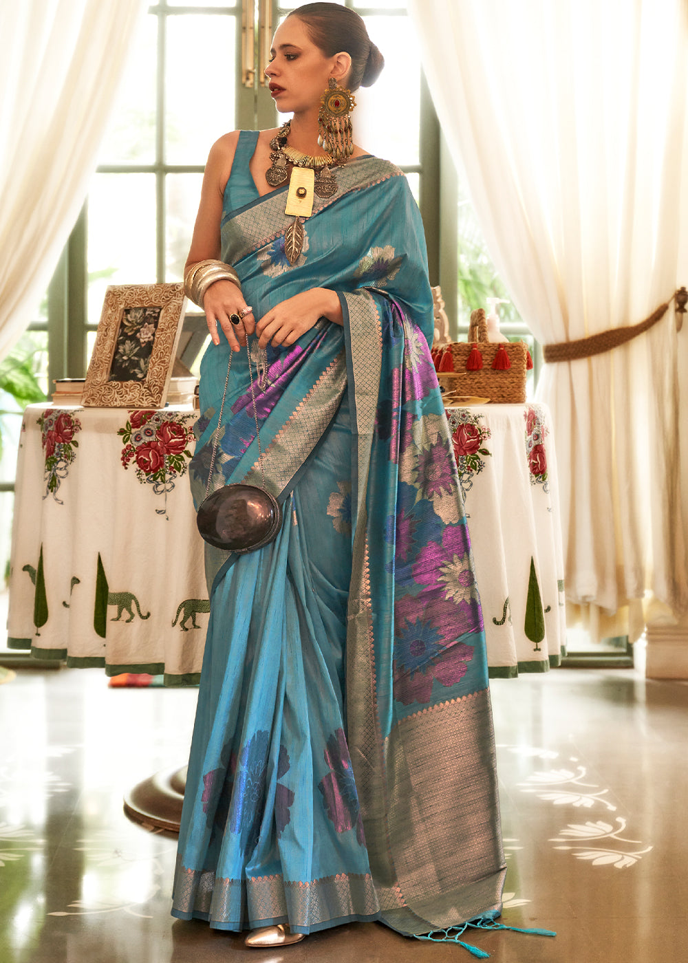 Enchanting Turquoise: Handwoven Banarasi Silk Saree in Blue