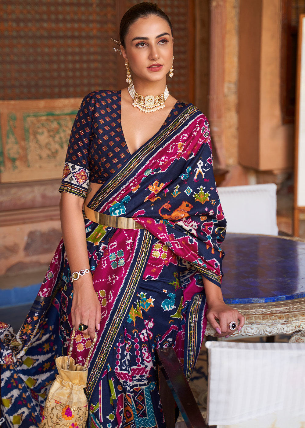 Elegant Bliss: Blue & Pink Printed Patola Silk Saree with Zari Border