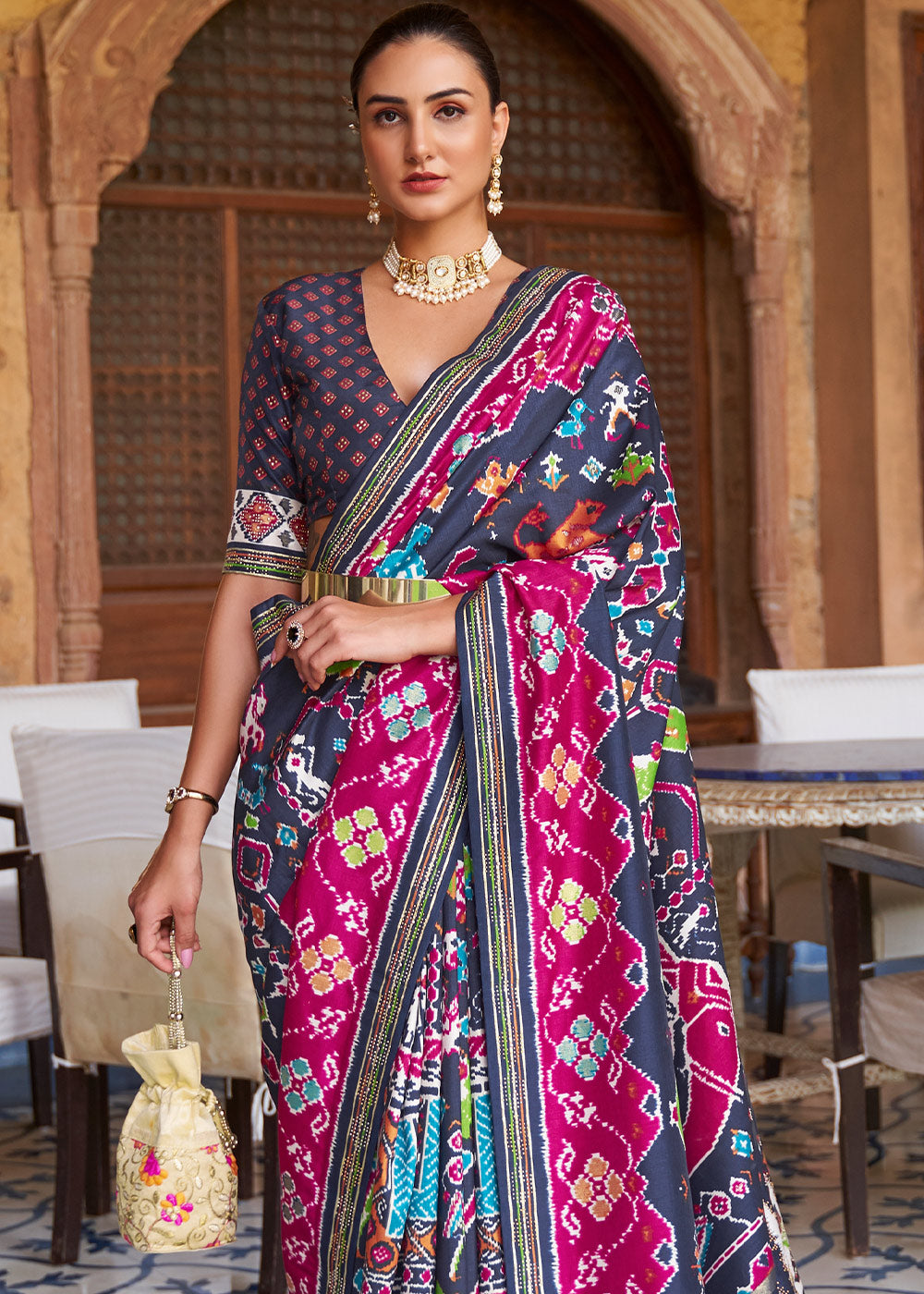 Elegant Bliss: Blue & Pink Printed Patola Silk Saree with Zari Border