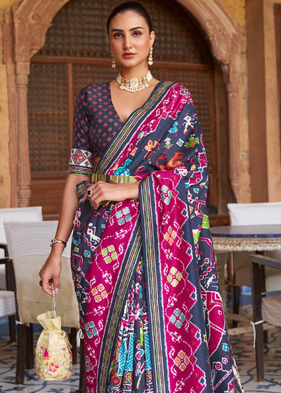 Elegant Bliss: Blue & Pink Printed Patola Silk Saree with Zari Border