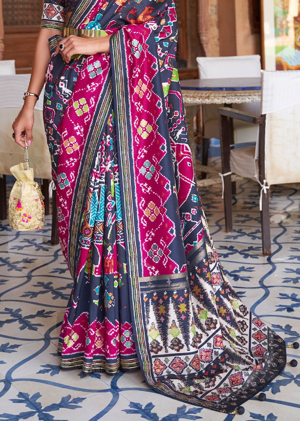 Elegant Bliss: Blue & Pink Printed Patola Silk Saree with Zari Border