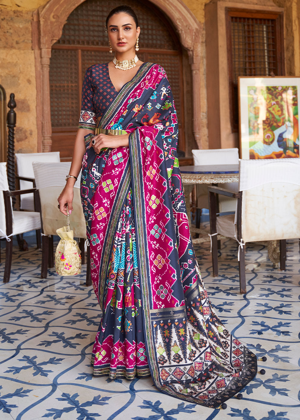 Elegant Bliss: Blue & Pink Printed Patola Silk Saree with Zari Border