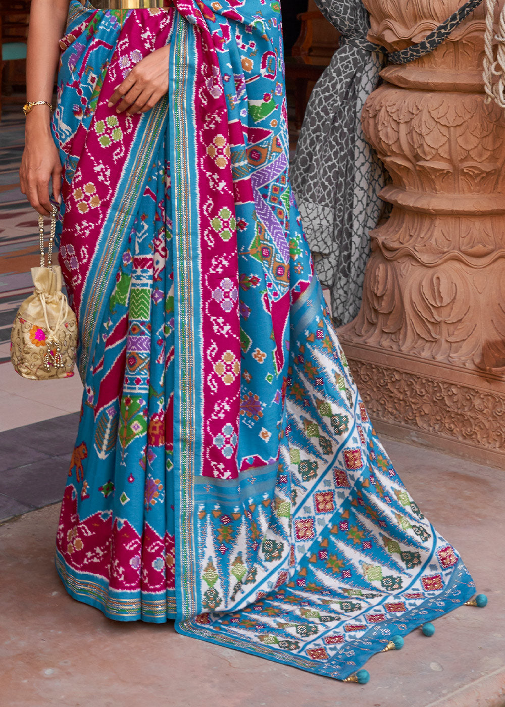 Enchanting Opulence: Blue & Pink Printed Patola Silk Saree with Zari Border