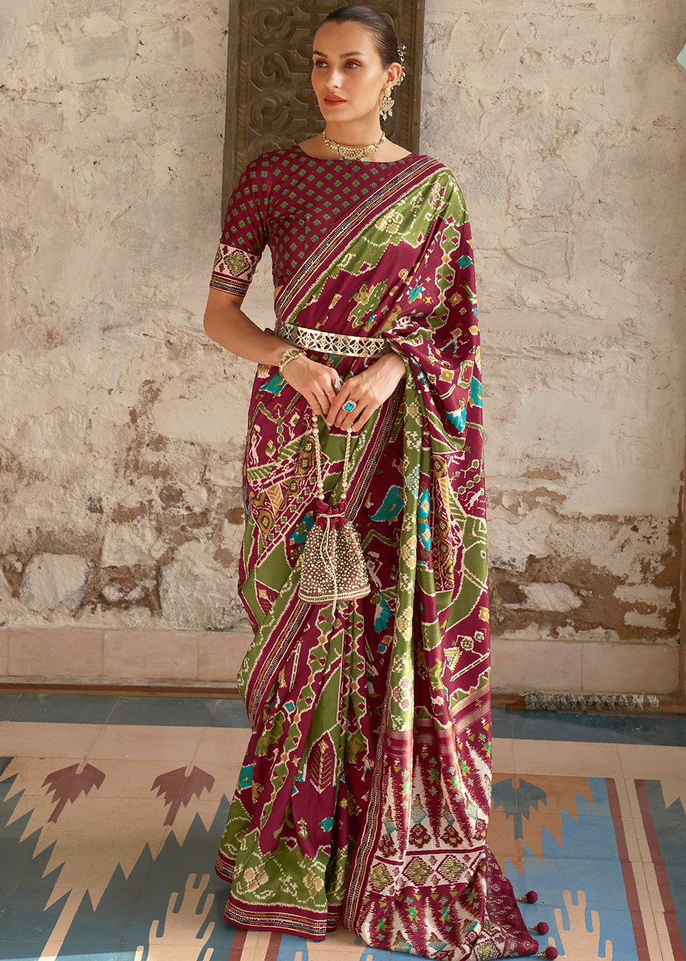 Earthly Elegance: Brown & Green Printed Patola Silk Saree with Zari Border