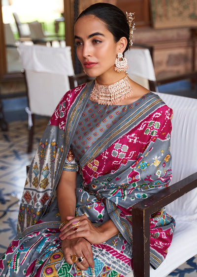 Ethereal Enchantment: Stone Grey & Pink Printed Patola Silk Saree with Zari Border