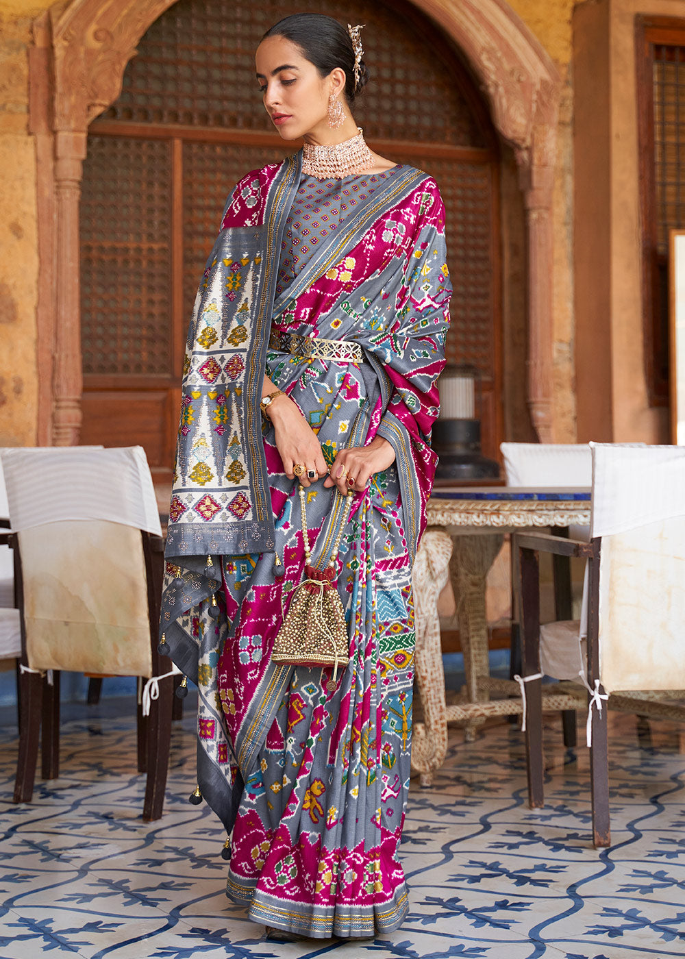 Ethereal Enchantment: Stone Grey & Pink Printed Patola Silk Saree with Zari Border