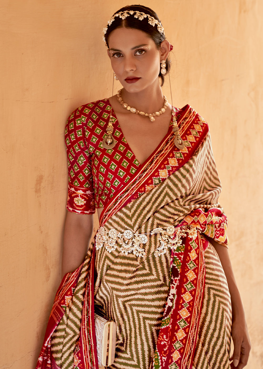 Regal Fusion: Brown & Red Printed Patola Silk Saree with Zari Border