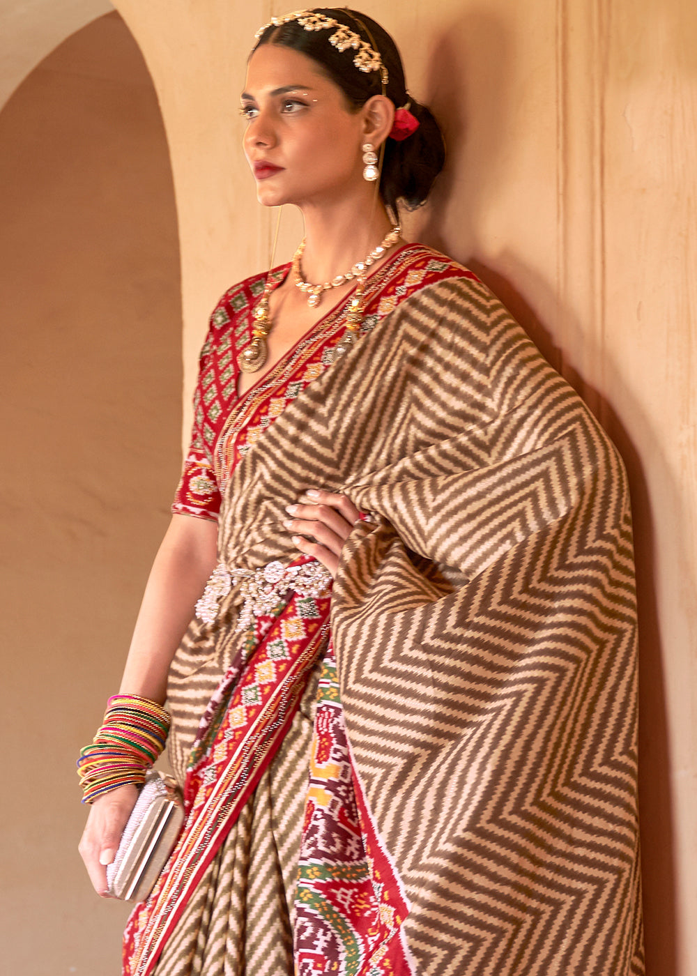 Regal Fusion: Brown & Red Printed Patola Silk Saree with Zari Border