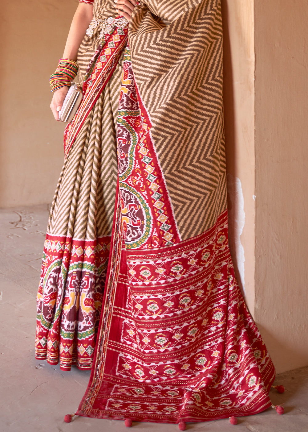 Regal Fusion: Brown & Red Printed Patola Silk Saree with Zari Border