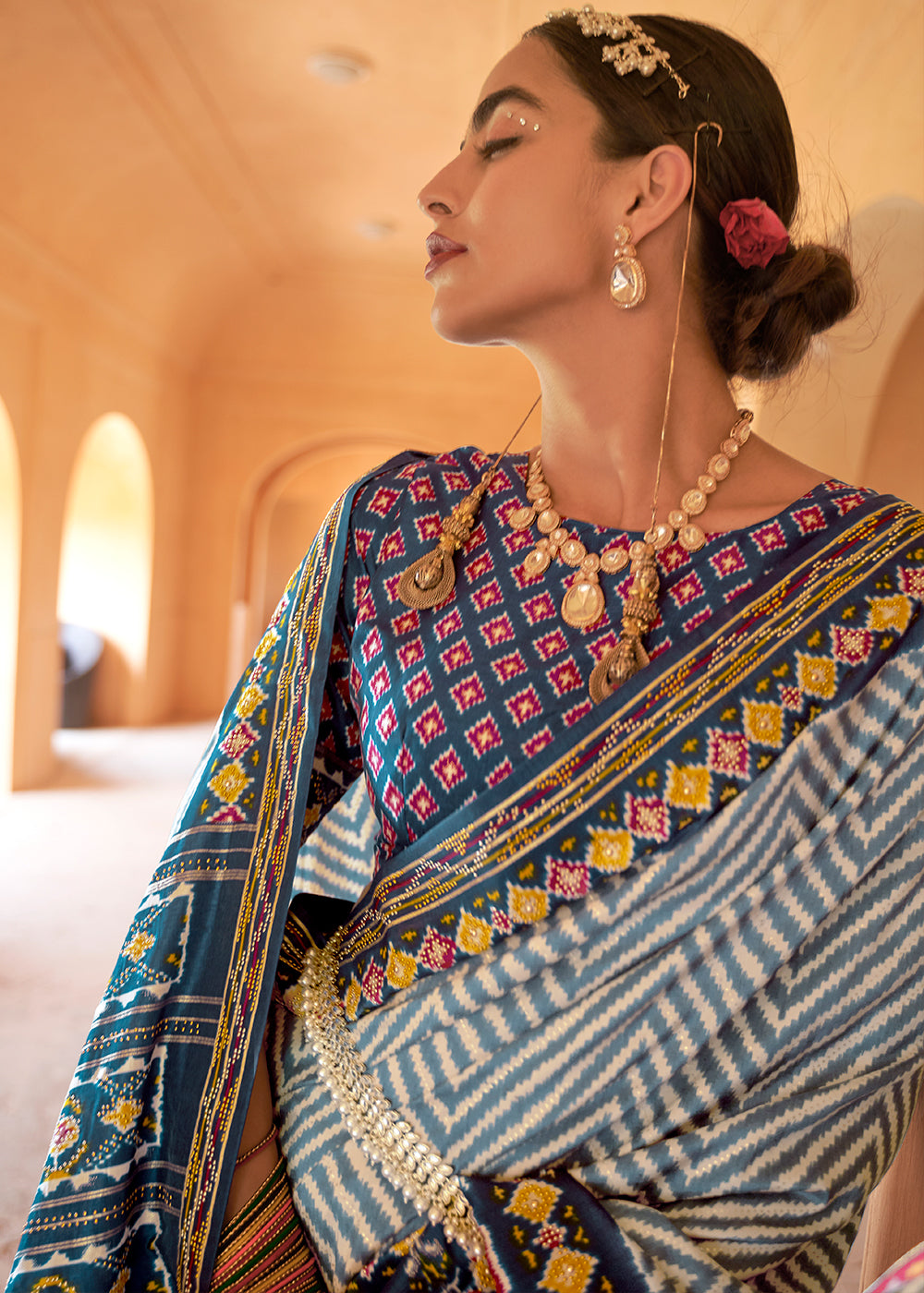 Regal Navy Blue and Off-White Patola Silk Saree