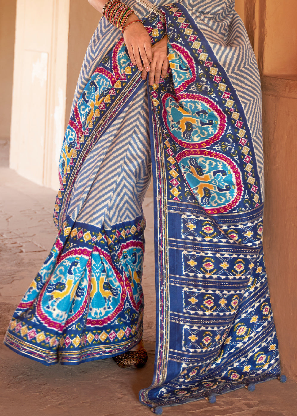 Regal Navy Blue and Off-White Patola Silk Saree