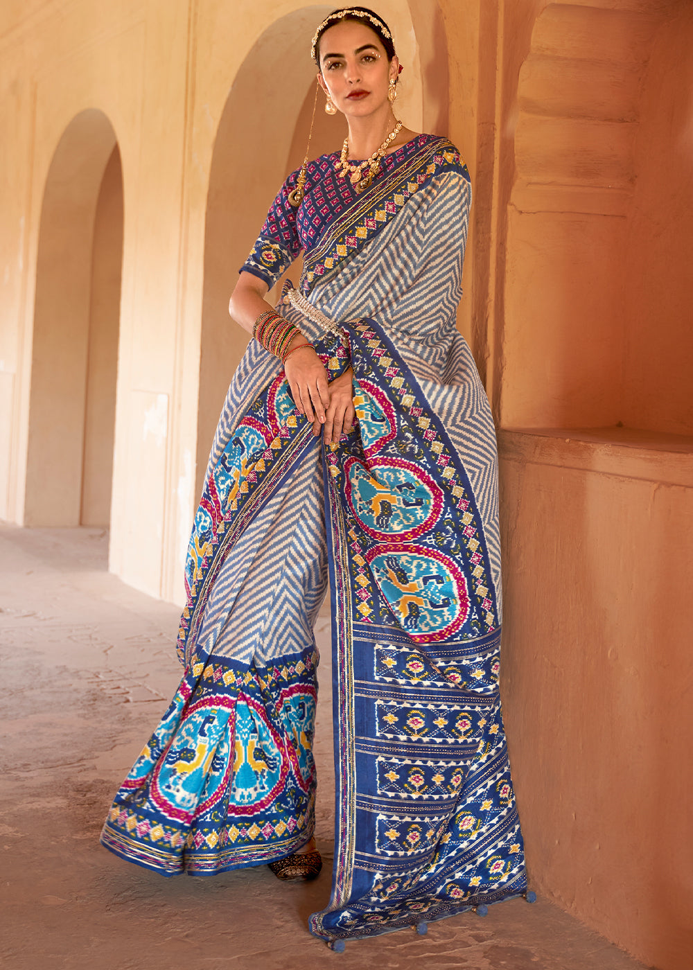 Regal Navy Blue and Off-White Patola Silk Saree