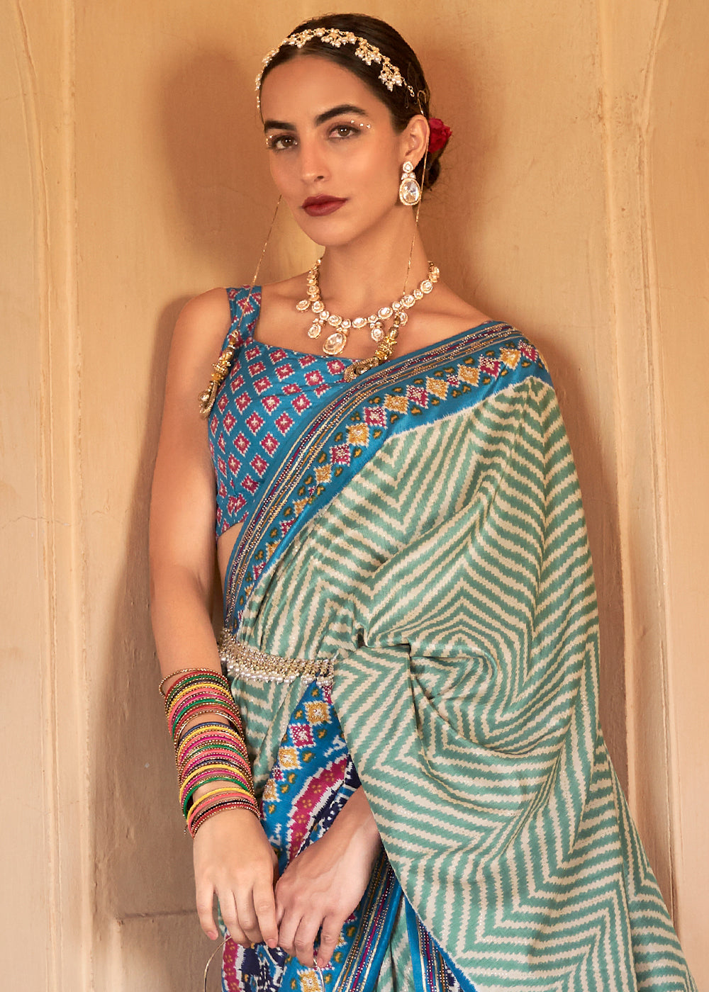 Serenade in Cerulean: Blue Printed Patola Silk Saree with Zari Border