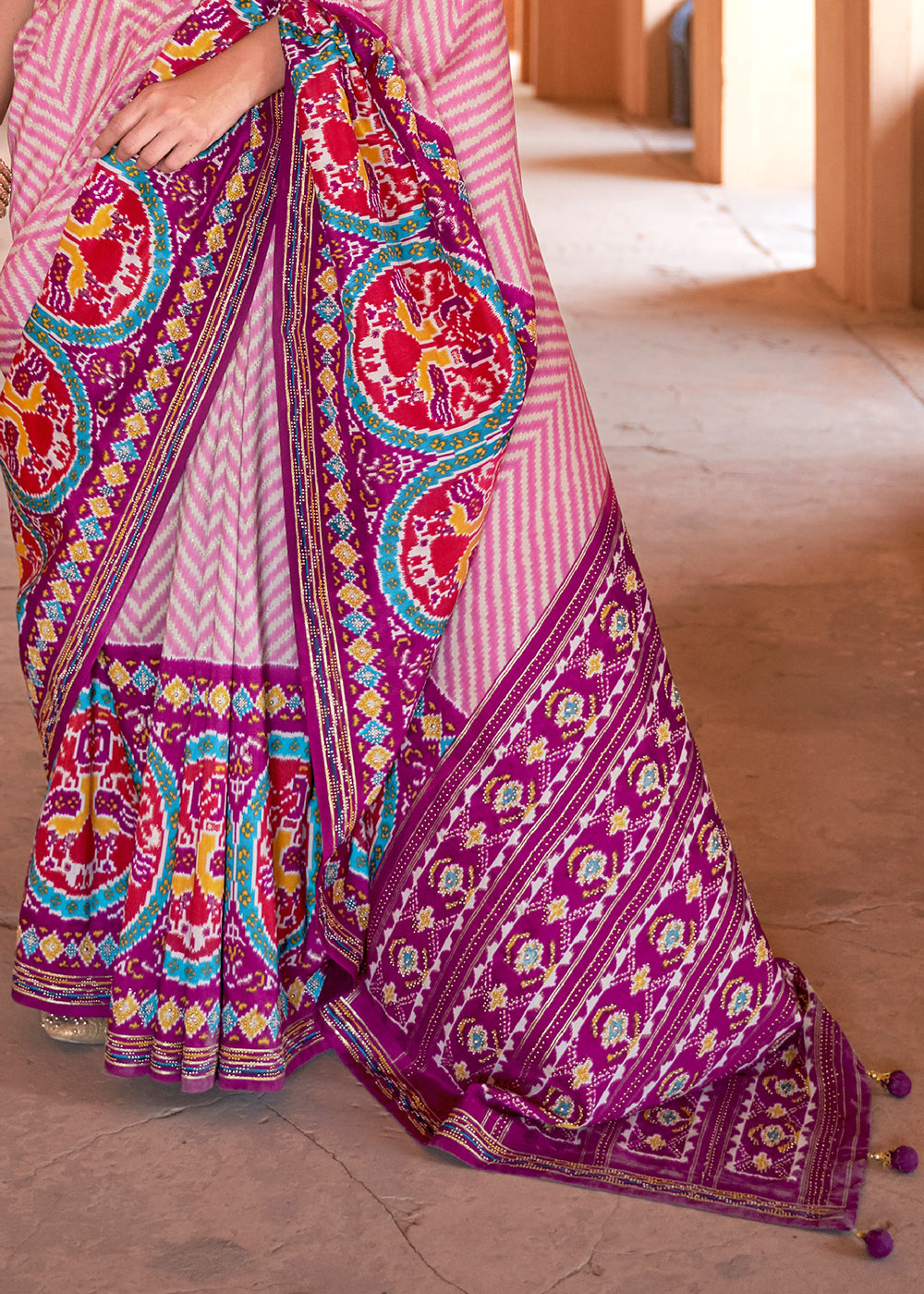 Ethereal Enchantment: Pink & Purple Printed Patola Silk Saree with Zari Border