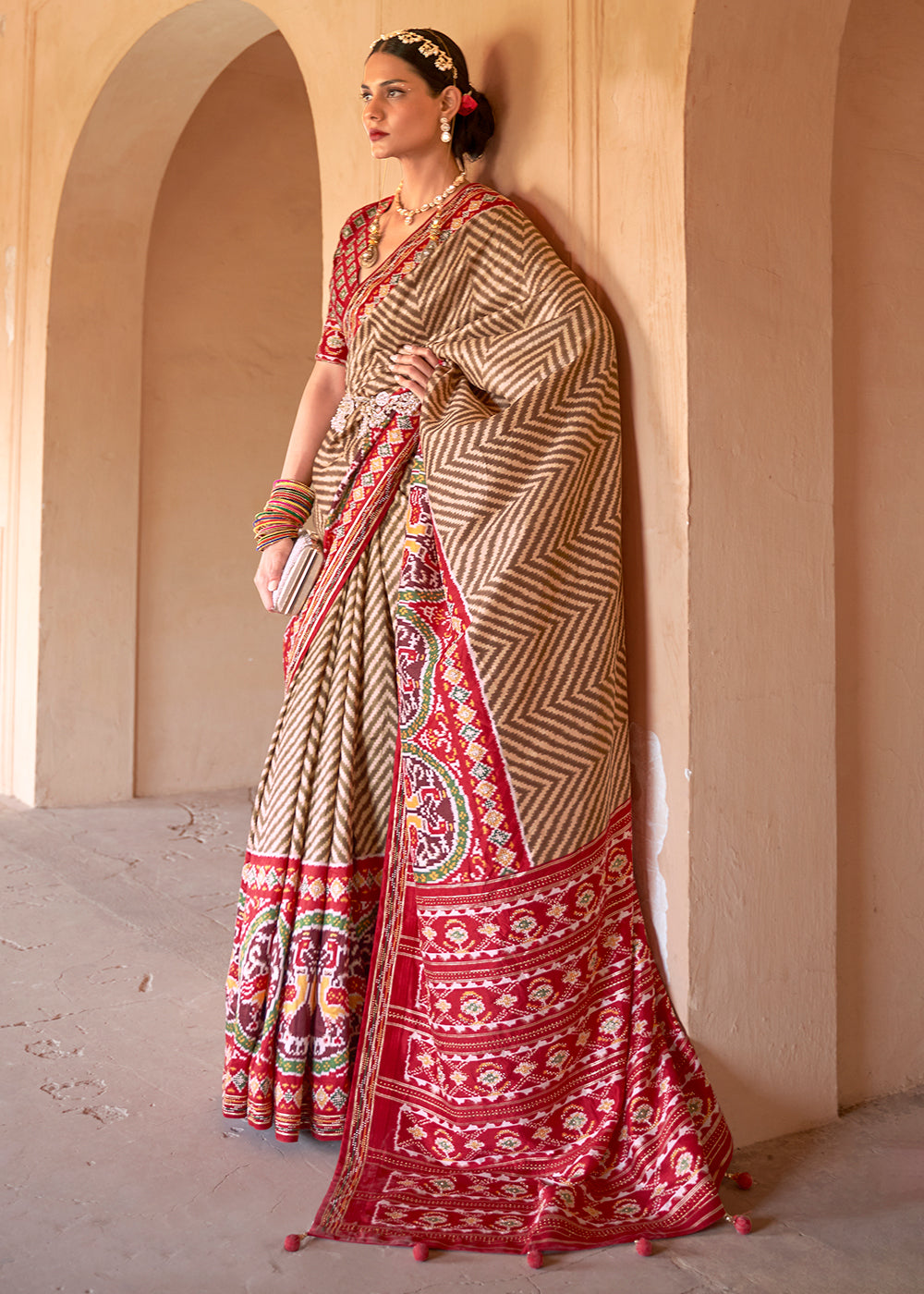 Regal Fusion: Brown & Red Printed Patola Silk Saree with Zari Border