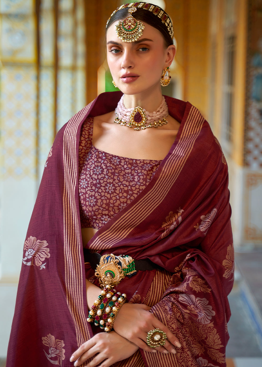 Rich Wine Banarasi Saree for Opulent Charm