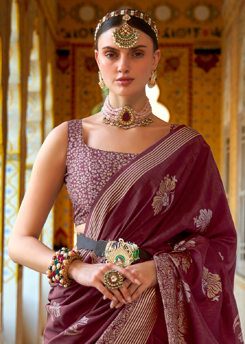 Rich Wine Banarasi Saree for Opulent Charm