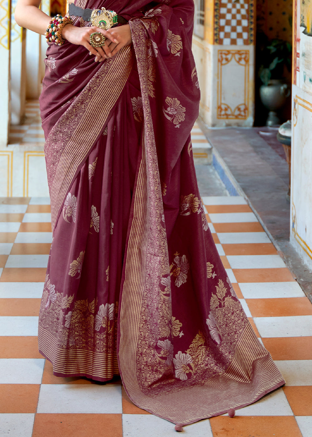 Rich Wine Banarasi Saree for Opulent Charm