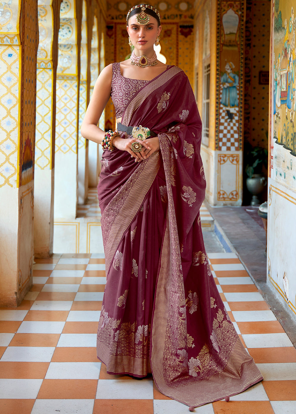 Rich Wine Banarasi Saree for Opulent Charm