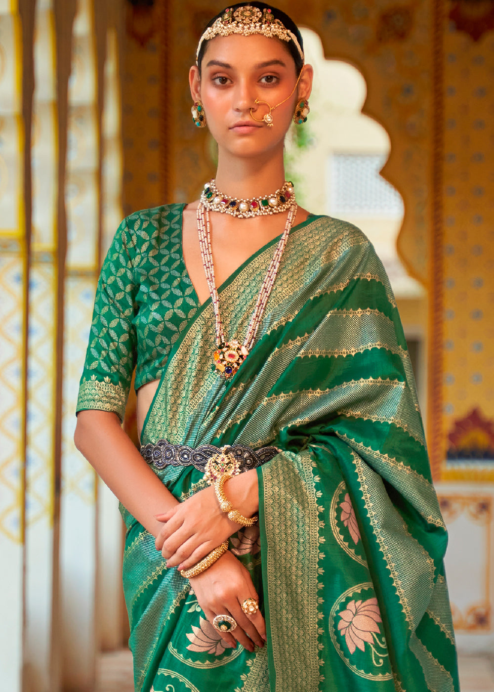 A Timeless Classic Elegant Green Banarasi Silk Saree