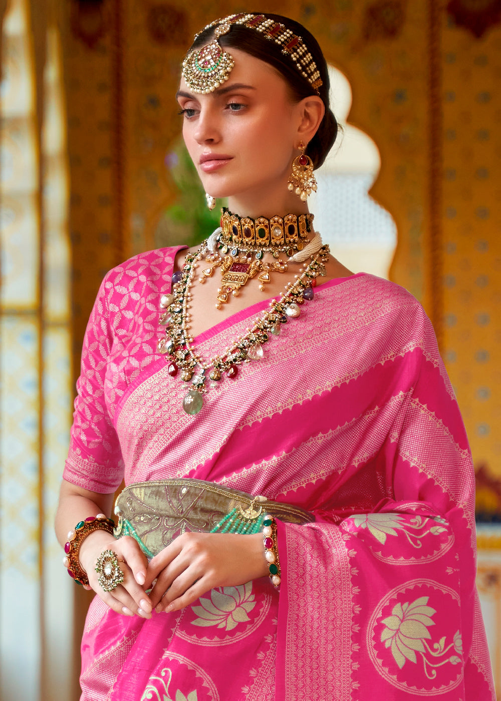 The Enchanting Beauty of Pink Woven Banarasi Silk Saree