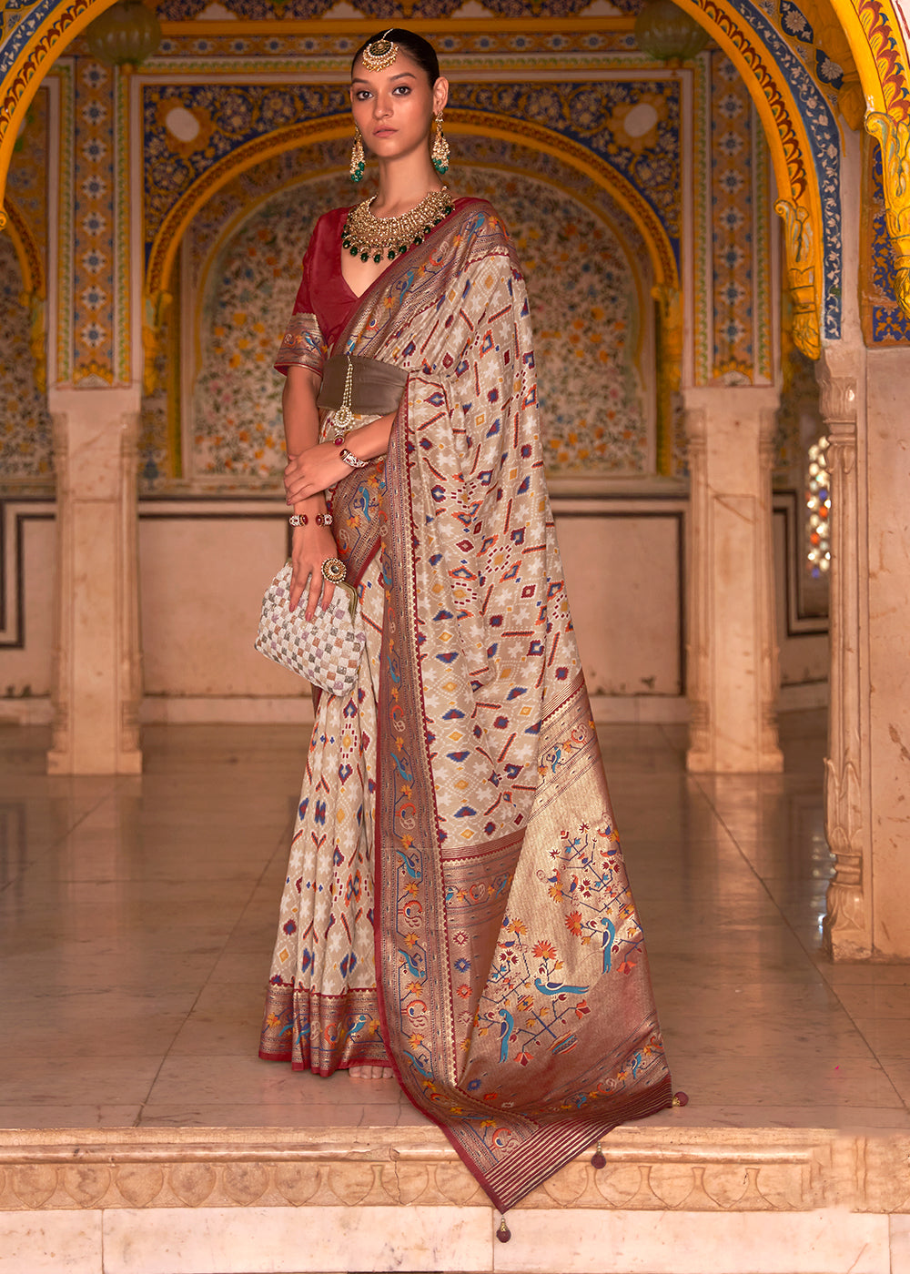 Elegant Beige Patola Silk Saree - A Classic and Timeless Choice