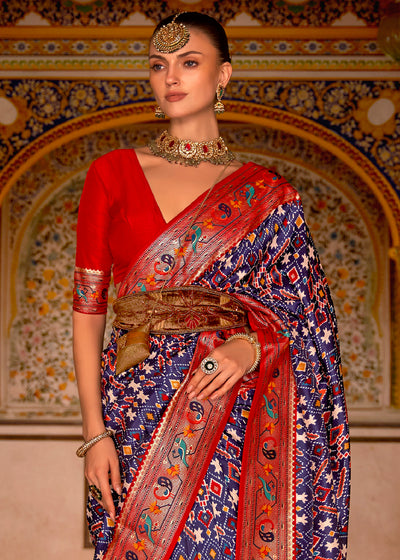 Bold Blue and Red Patola Silk Saree - A Stunning Fusion of Colors