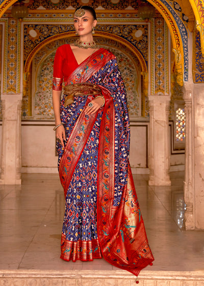 Bold Blue and Red Patola Silk Saree - A Stunning Fusion of Colors