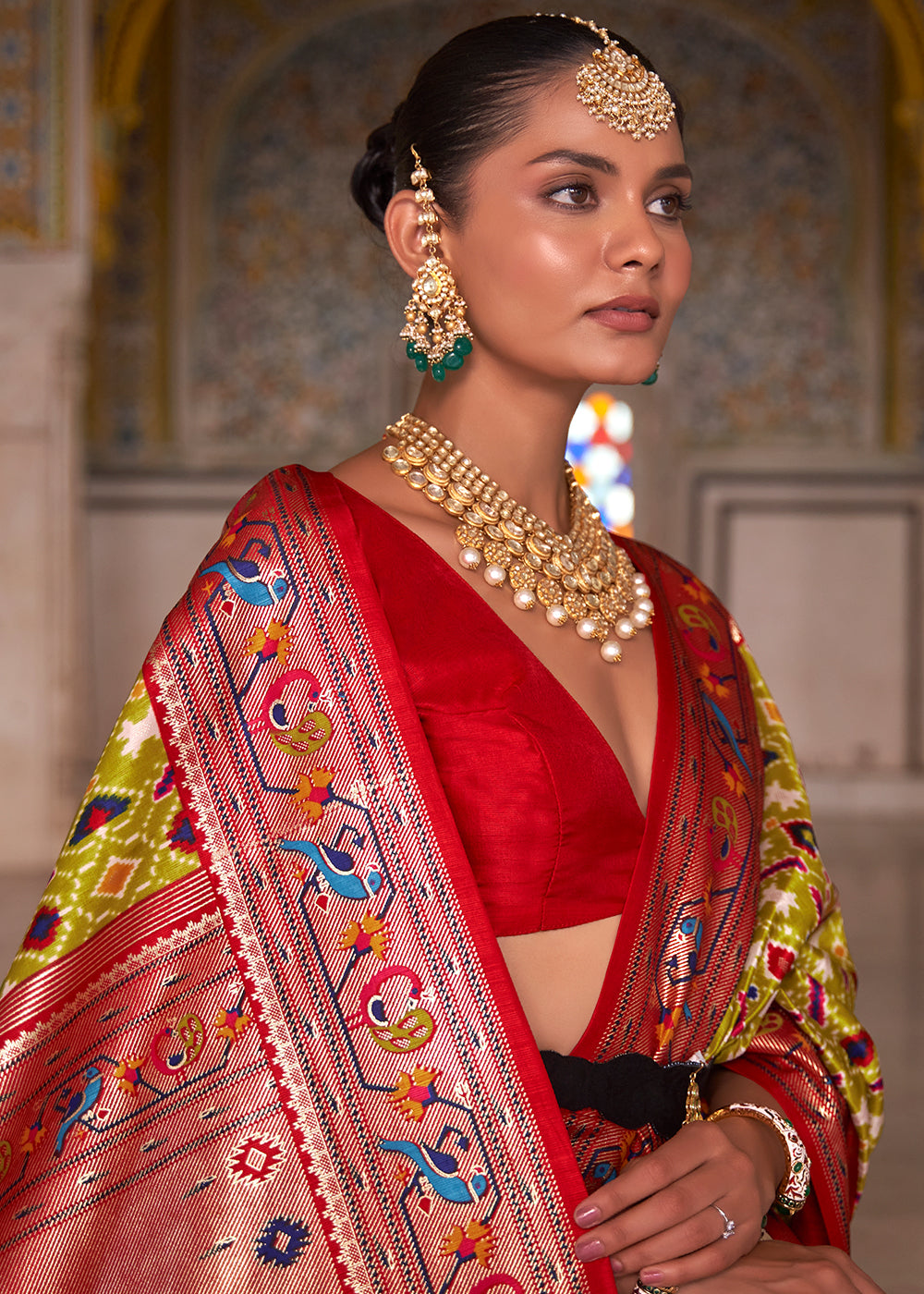 Stunning Green and Red Patola Silk Saree - A Perfect Blend of Tradition and Style