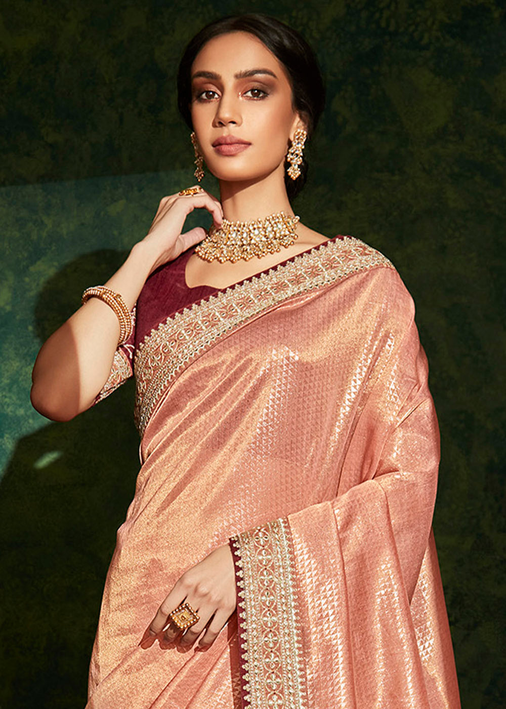 Elegance and Charm of the Salmon Pink Designer Silk Saree