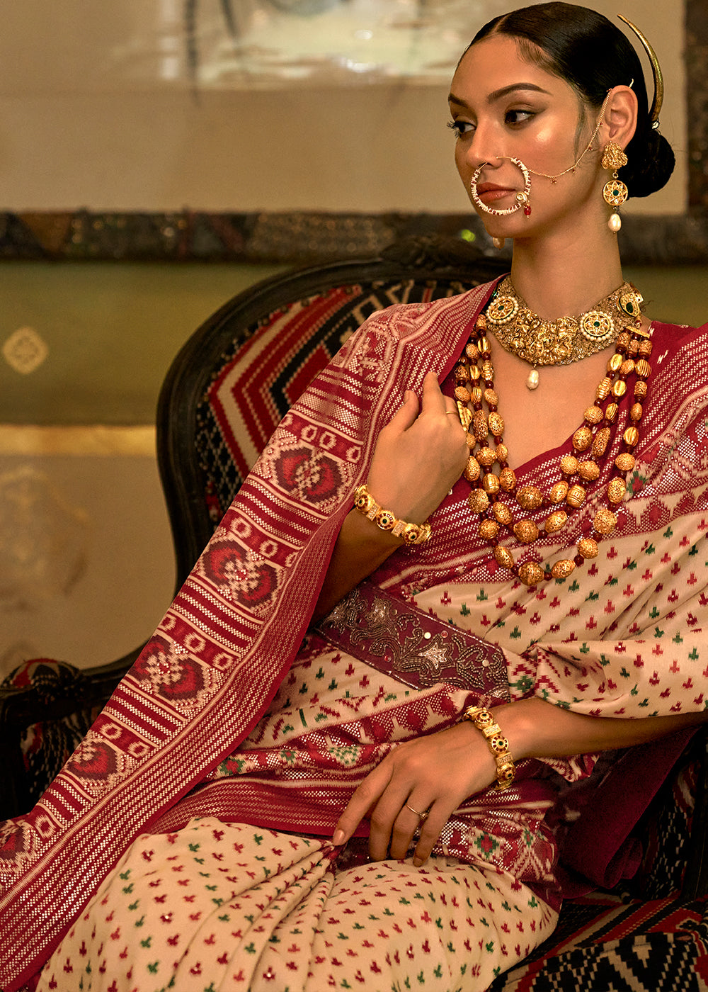 Regal Beige and Maroon Patola Silk Saree for a Majestic Look