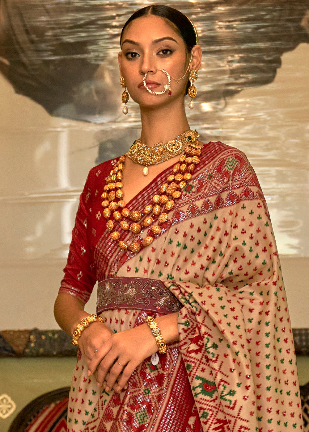 Regal Beige and Maroon Patola Silk Saree for a Majestic Look