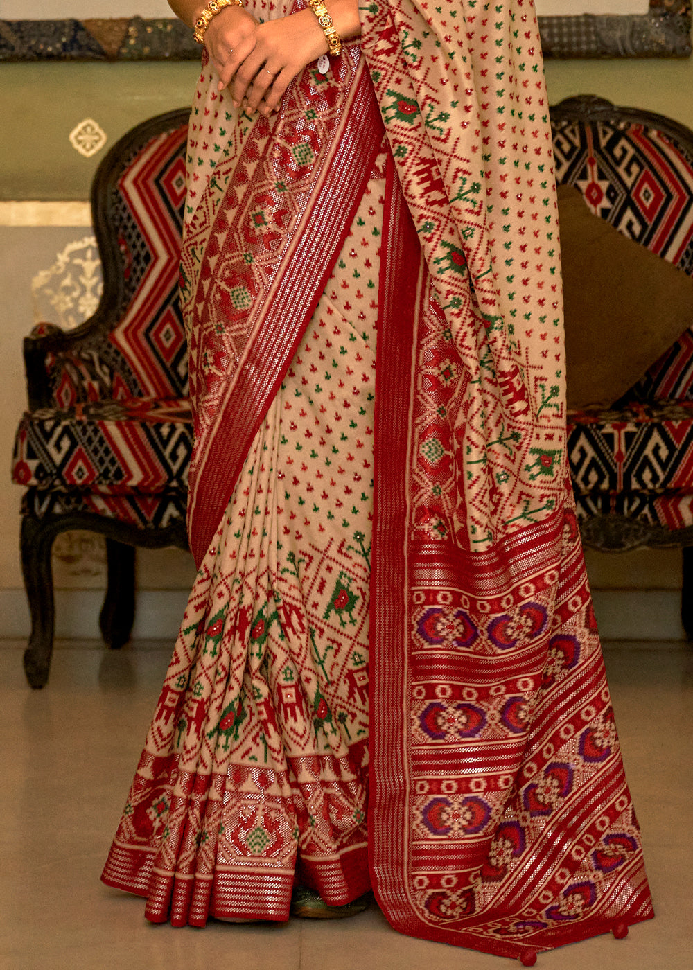 Regal Beige and Maroon Patola Silk Saree for a Majestic Look